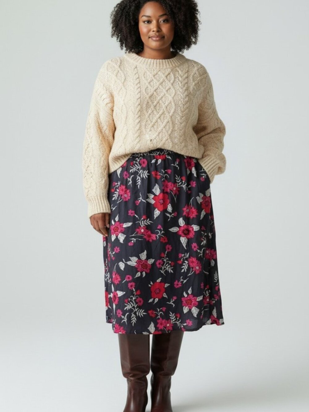 Vintage 90s Midi Skirt Plus 22W Dark Floral Elastic Waist Black Red Pockets